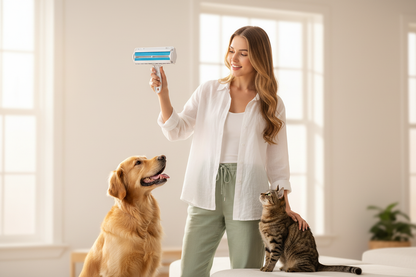 FurBuster Hero – Woman Holding Product with Dog & Cat